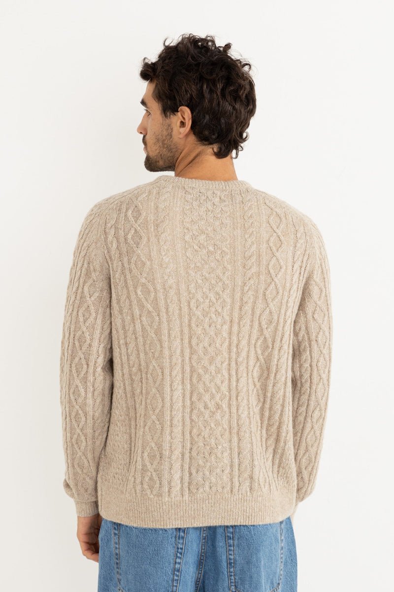 Back of Model wearing mohair fishing knit jumper in oatmeal