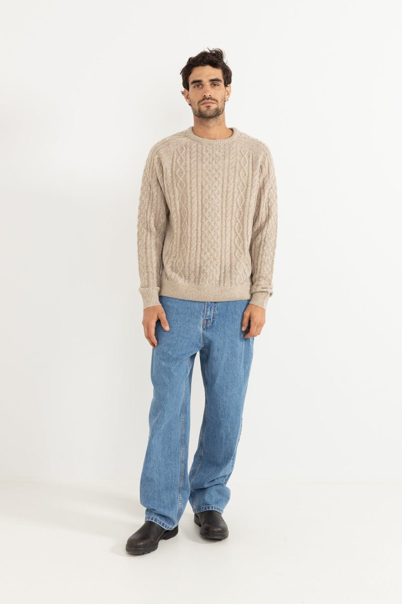Model wearing mohair fishing knit jumper in oatmeal with casual outfit