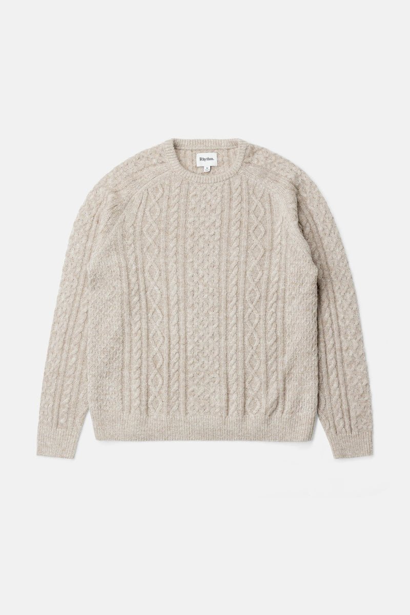 Mohair fisherman sweater, front view product shot in oatmeal
