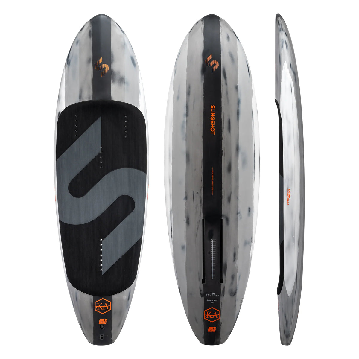 Slingshot Project Drag foil board in black and white marble pattern, three views