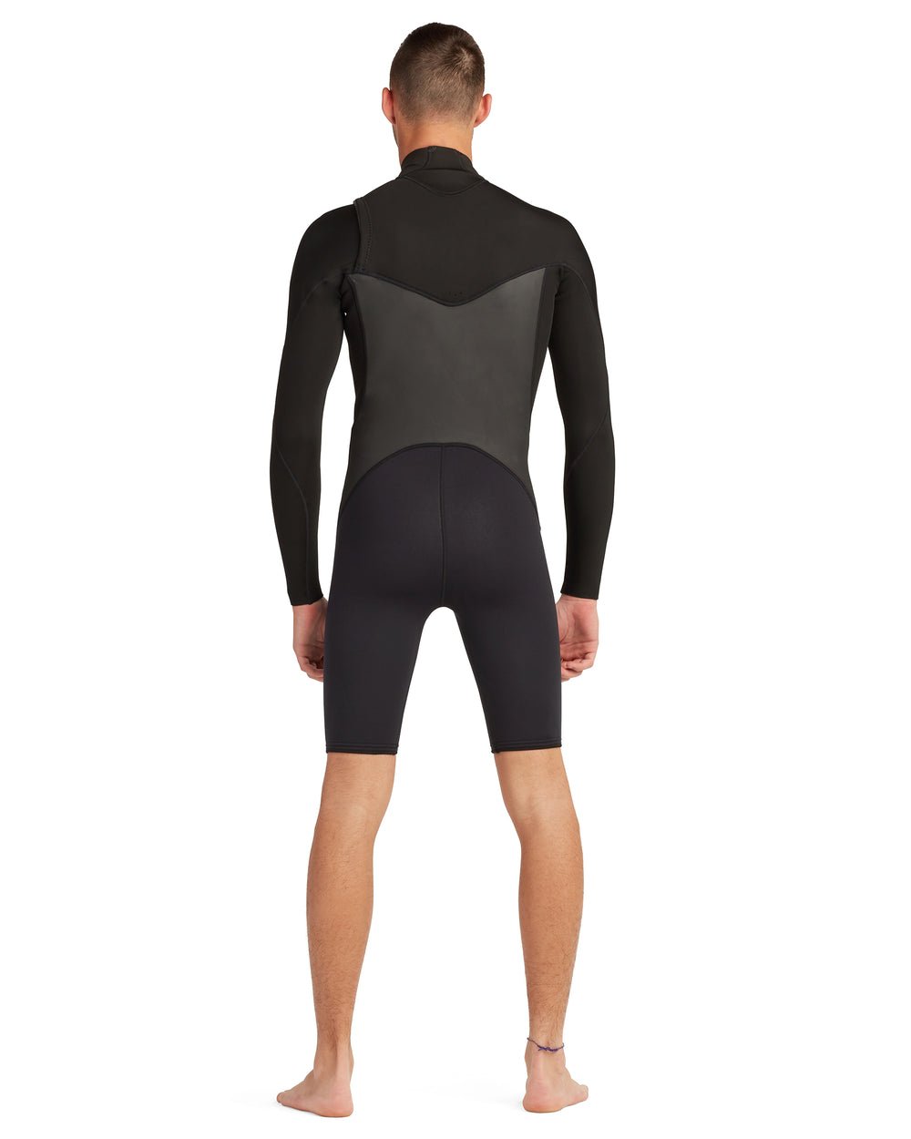 Men's black long-sleeve springsuit wetsuit, back view, chest-zip, shorts length