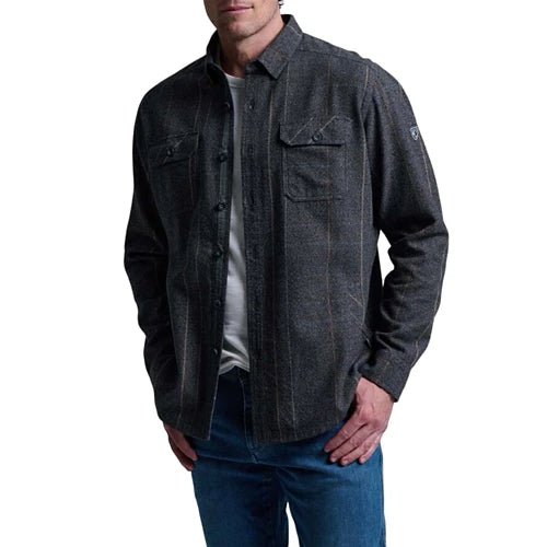 Kuhl Deviatr dark charcoal plaid flannel shirt-jacket with chest pockets
