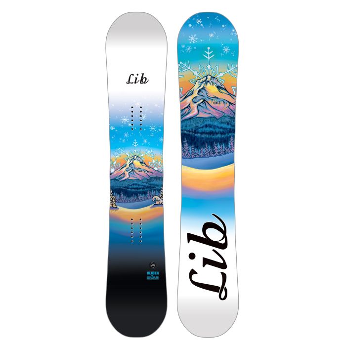 LibTech Glider snowboard showing base and top sheet with mountain landscape artwork