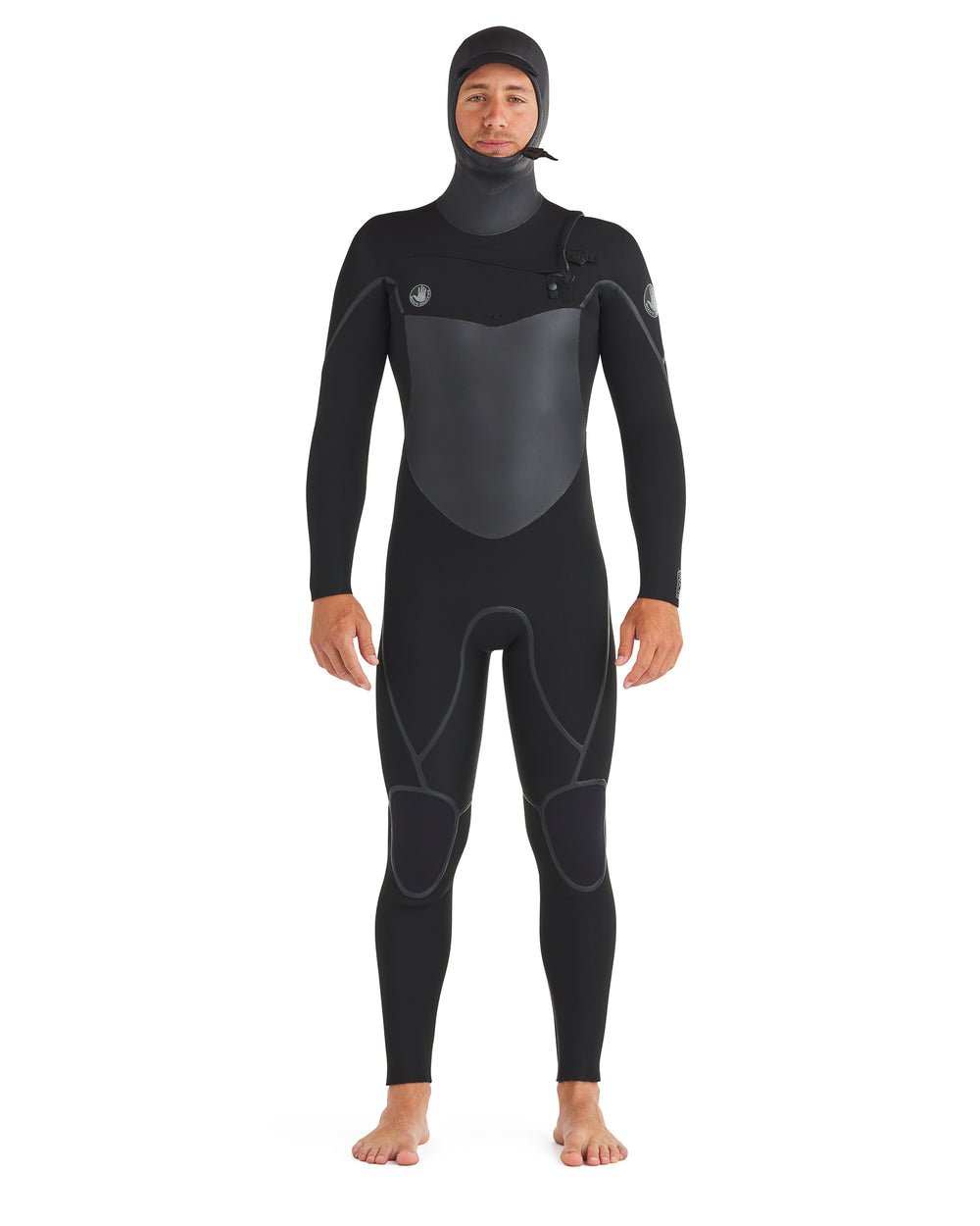 Men's black hooded full wetsuit with chest-zip and grey panel accents