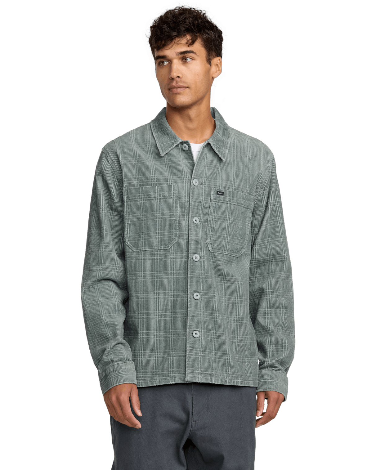 RVCA Adams sage green plaid corduroy overshirt jacket with chest pockets