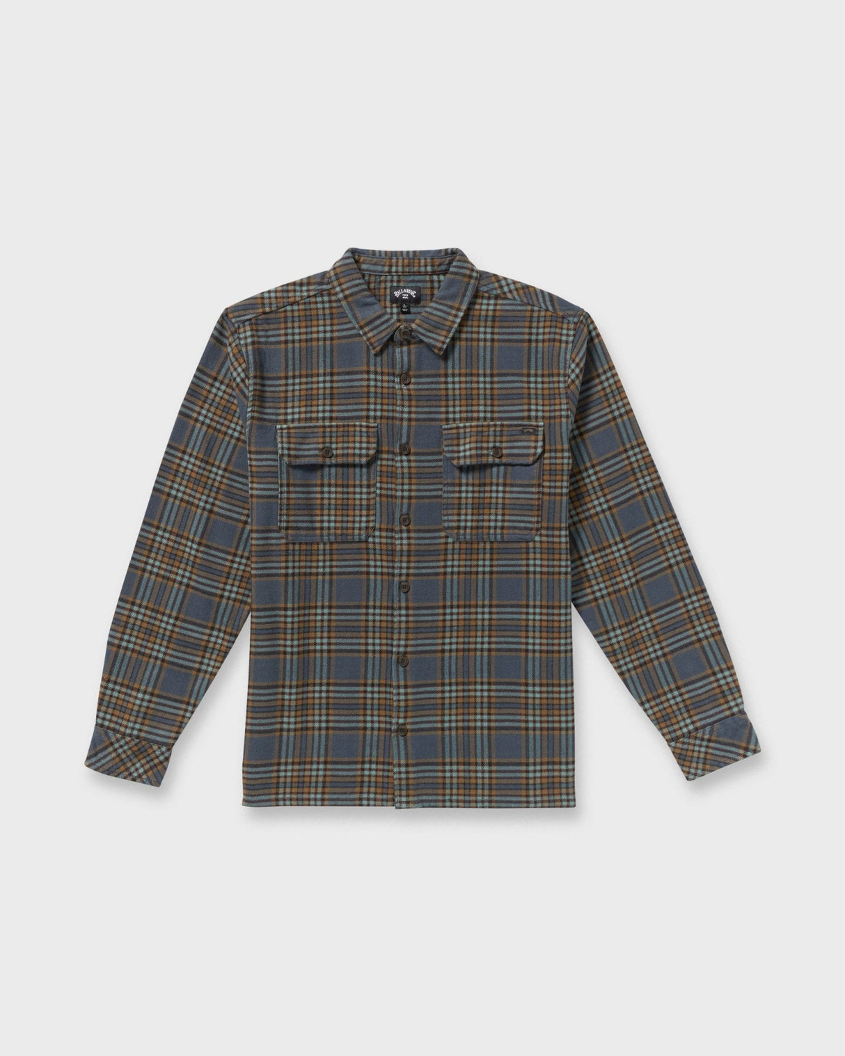 Billabong flannel shirt in blue brown plaid with dual chest pockets and buttons