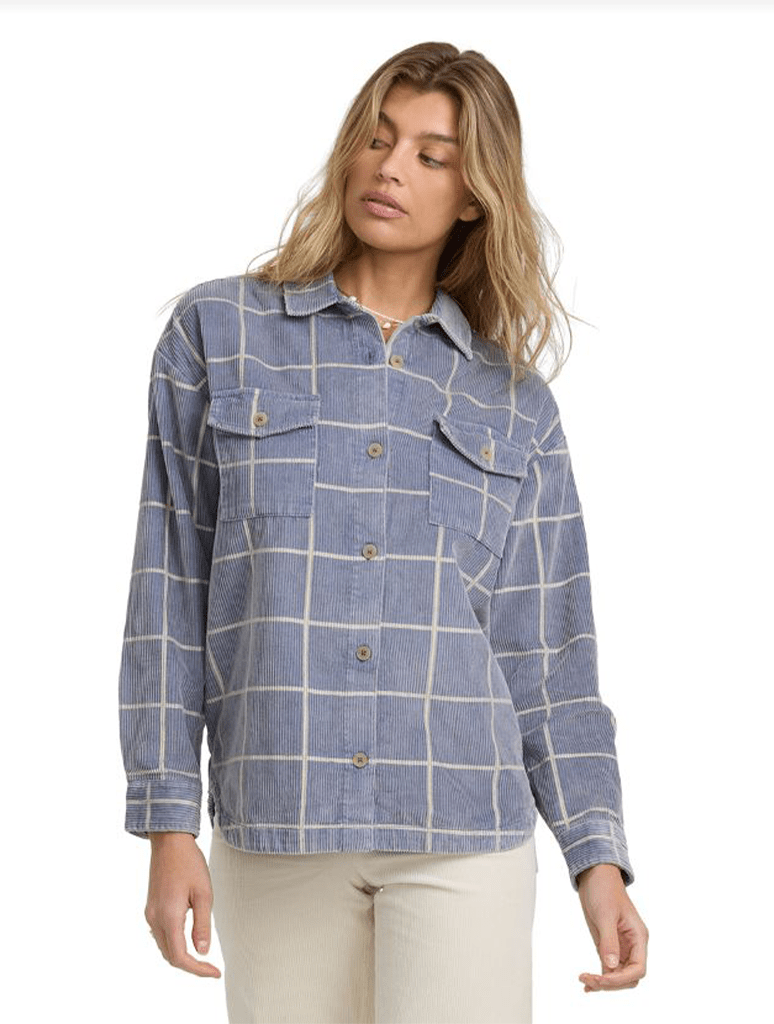 Billabong women's blue corduroy plaid shacket with button front and chest pockets