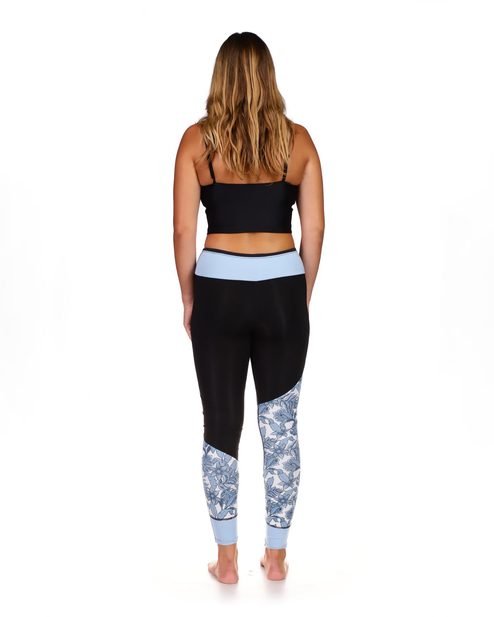 Body Glove Stellar Pant black leggings with blue floral print lower leg panels