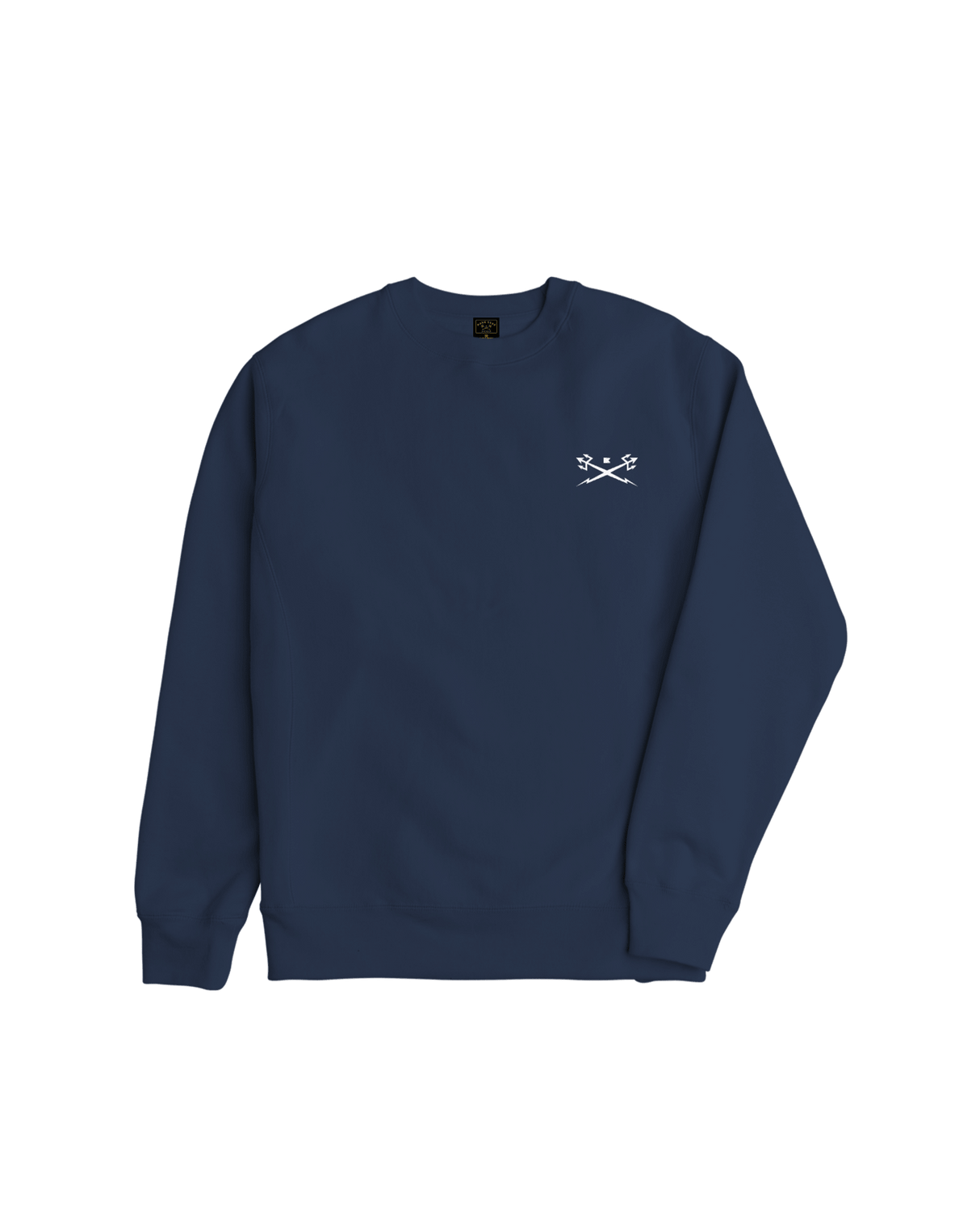 Navy blue crewneck sweatshirt with small white crossed lightning bolt logo on chest