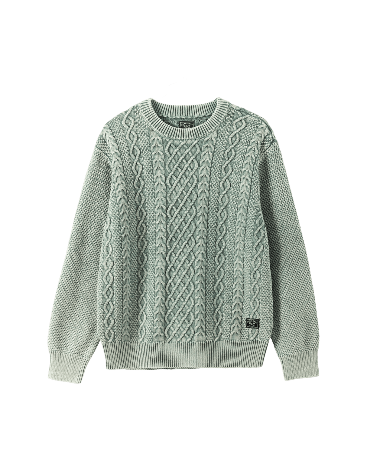Sage green cable-knit crewneck sweater with ribbed cuffs and hem