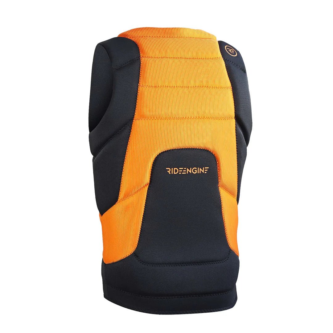 Orange and black impact vest with padded back, sleeveless design, and Ride Engine logo