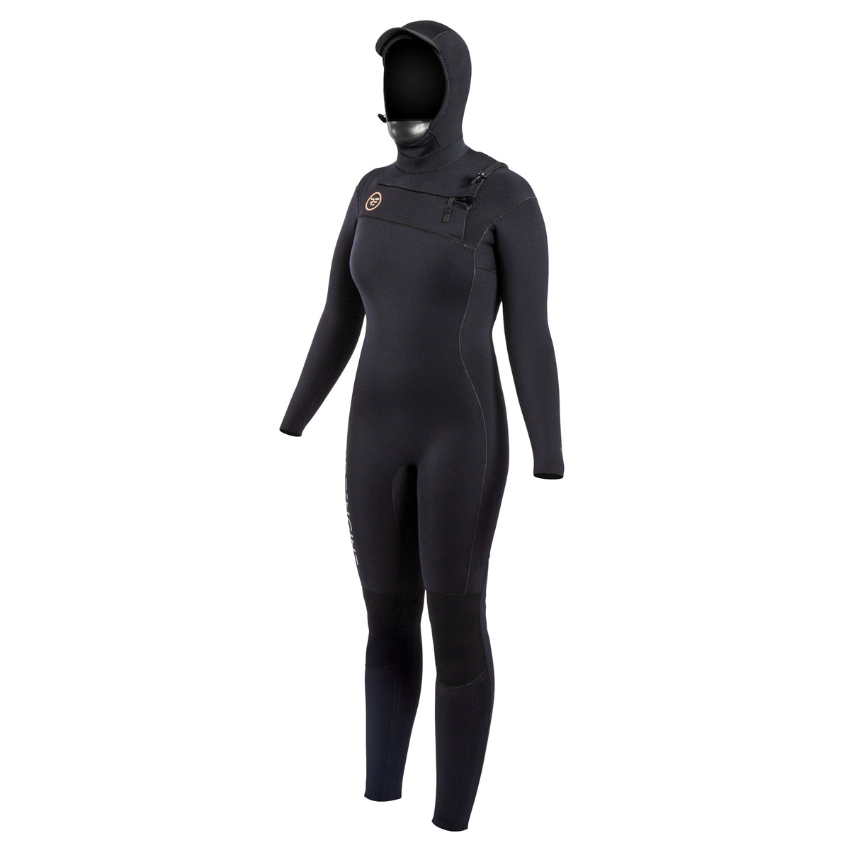 Women's hooded chest zip full wetsuit with integrated hood and knee reinforcement panels
