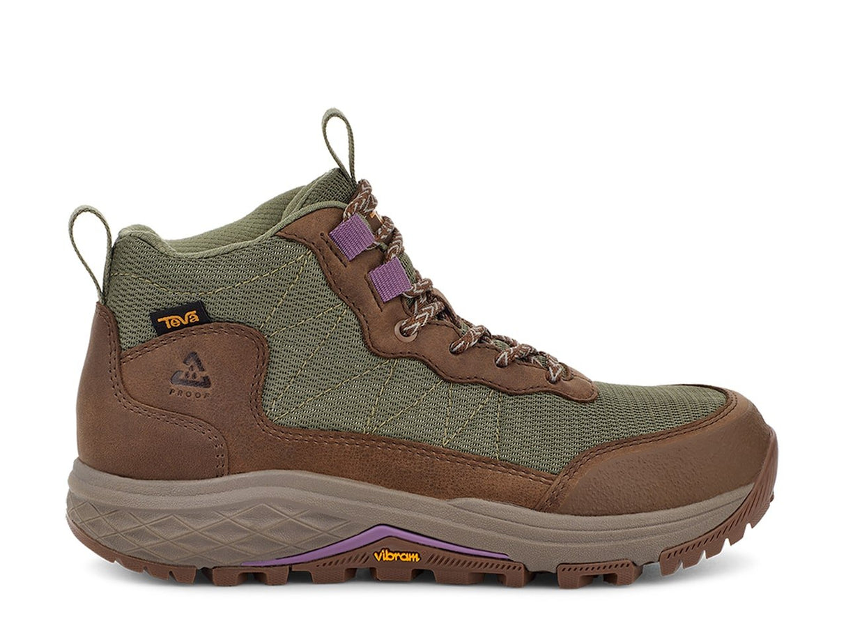 Olive and brown hiking boot with rugged sole and mesh panels, side profile view