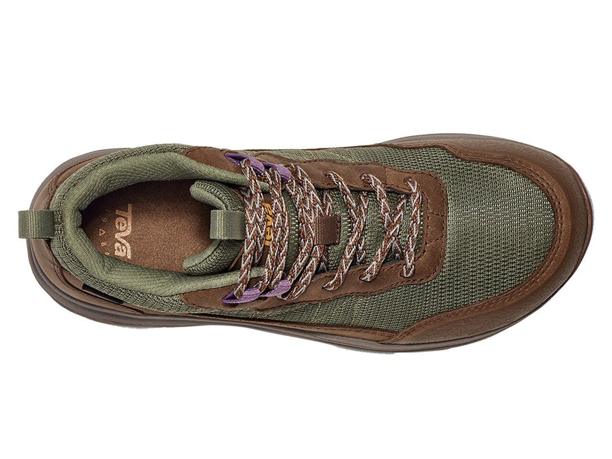 Top view of green and brown hiking shoe with mesh upper and multicolor laces
