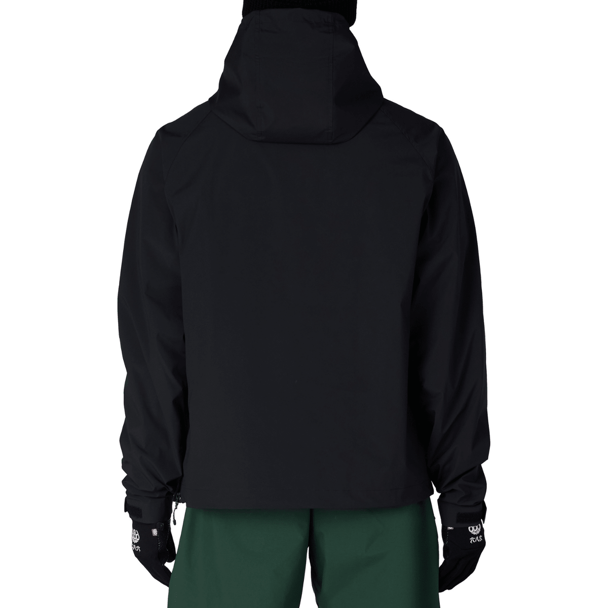686 men's pullover hoody shown from rear with hood up and green snow pants