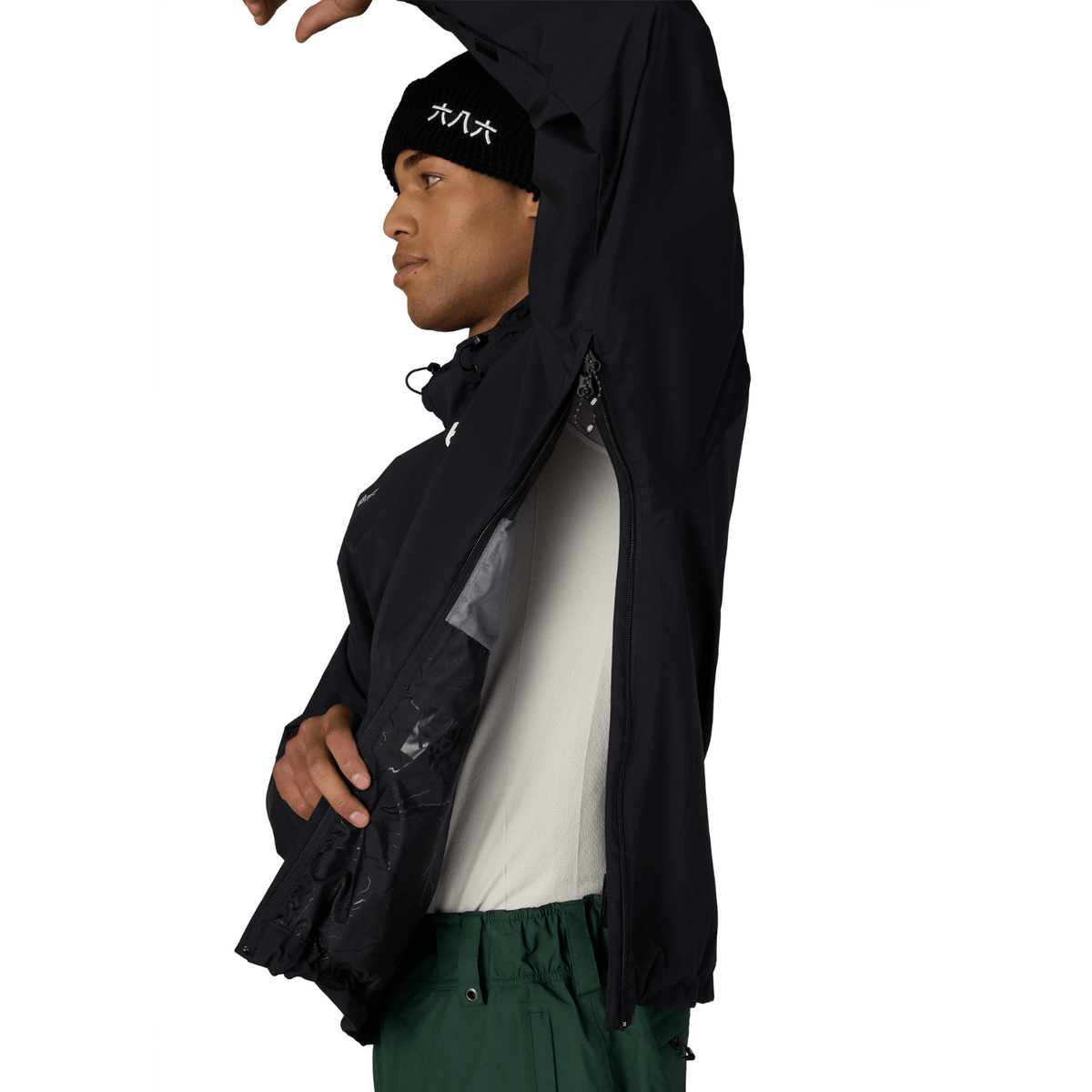 686 men's windproof pullover hoody with hood up and underarm zip vent open