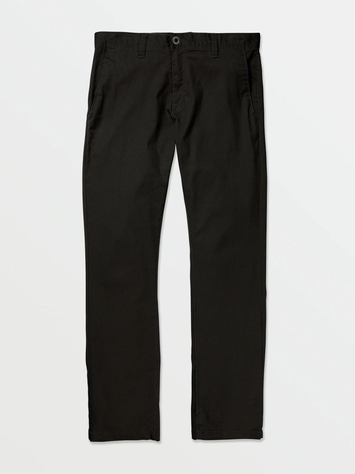 Black straight leg casual pants with front pockets on white background