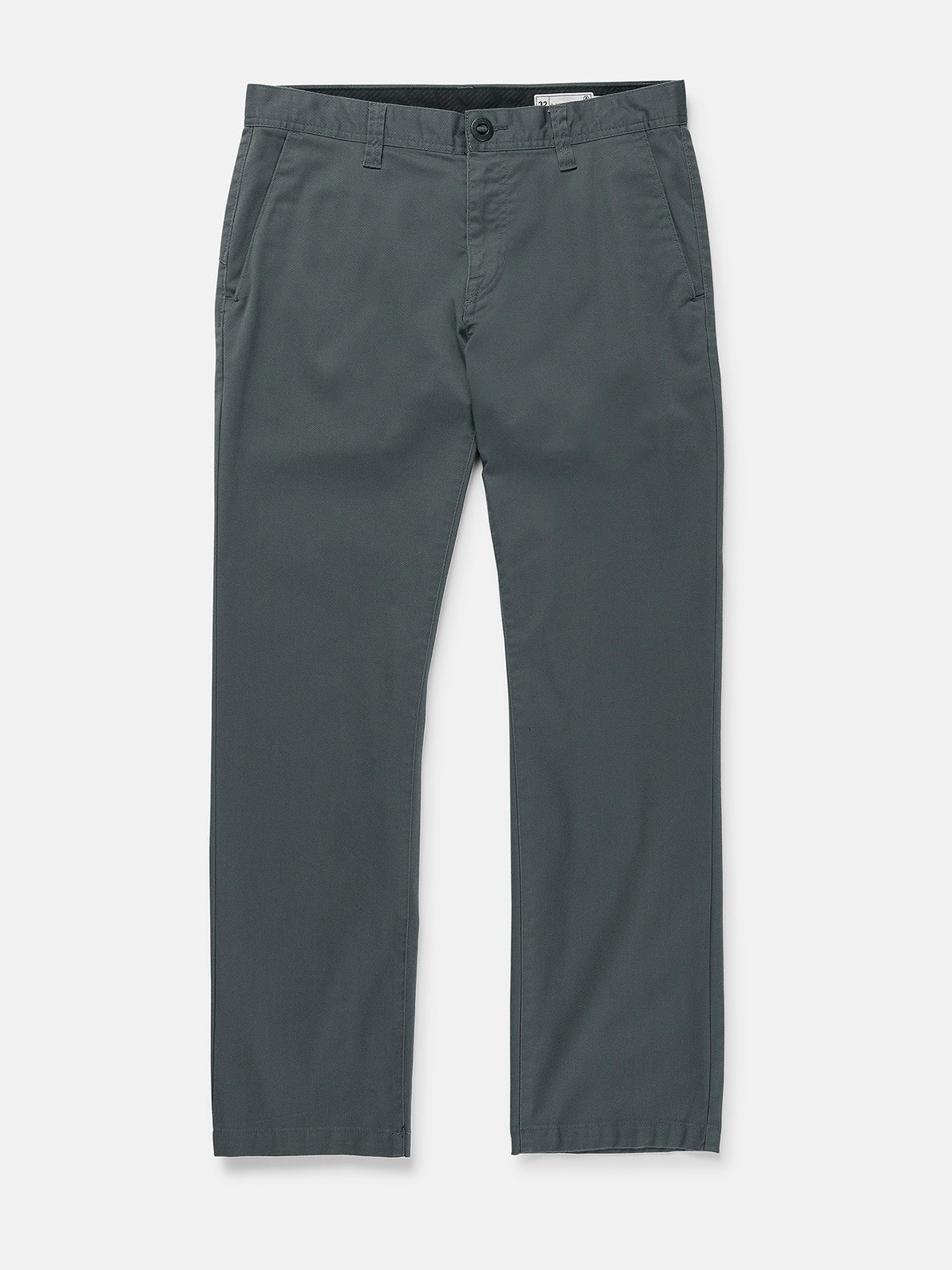 Men's dark grey straight-leg chinos with front pockets and belt loops on white background