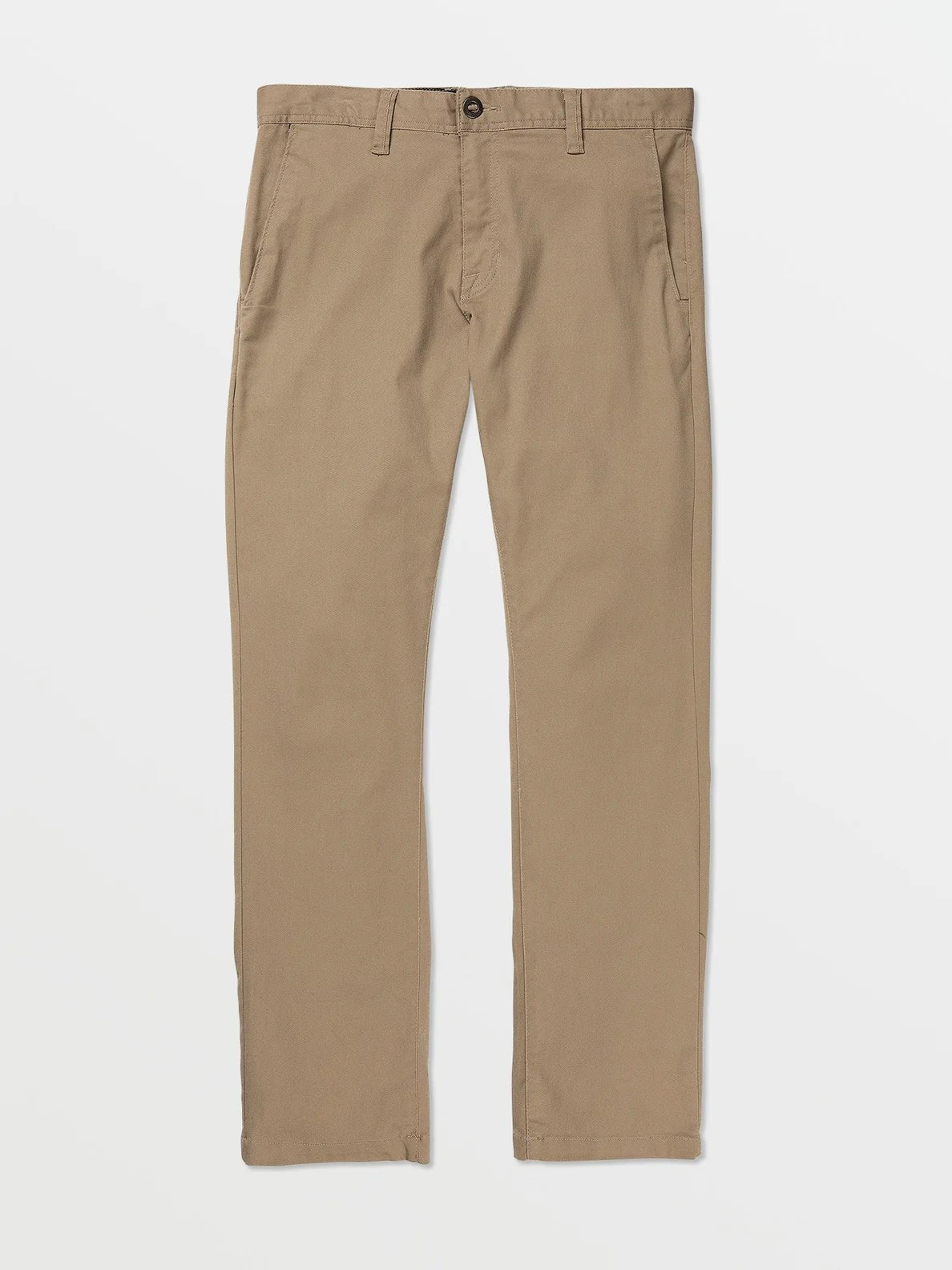 Men's khaki straight-leg chino pants with belt loops and side pockets on white background