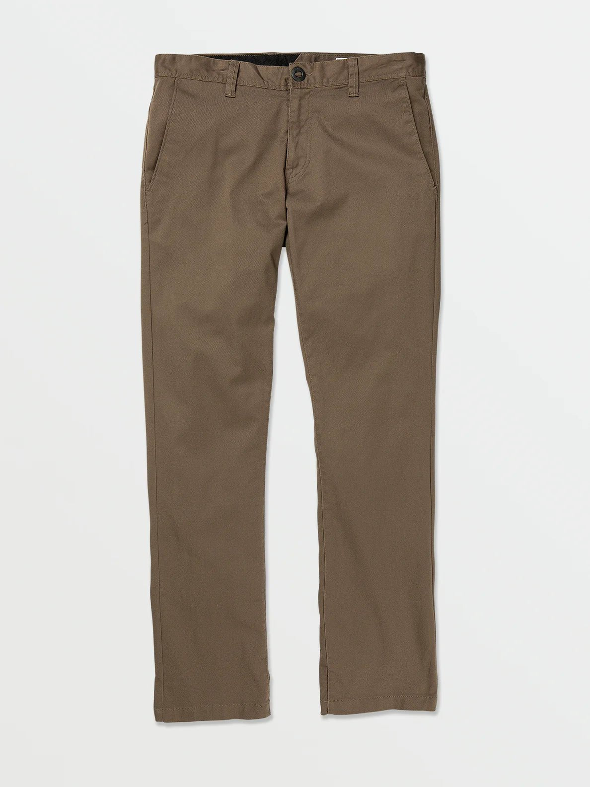 Men’s straight leg brown chinos with front pockets on white background