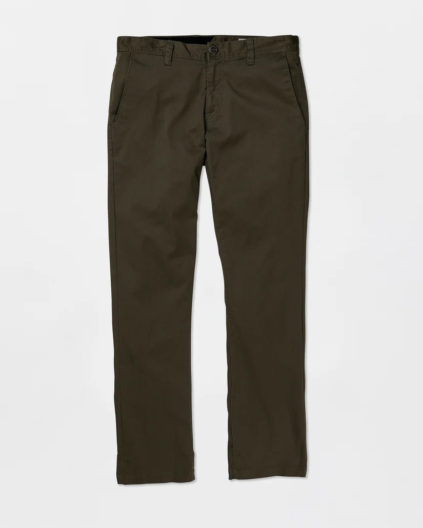 Men's olive green casual pants with button closure and front pockets on white background