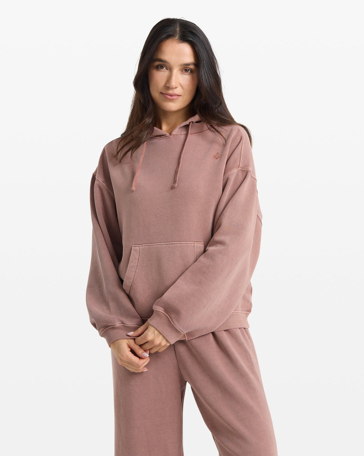 Volcom womens dusty rose oversized pullover hoodie with kangaroo pocket and matching sweatpants