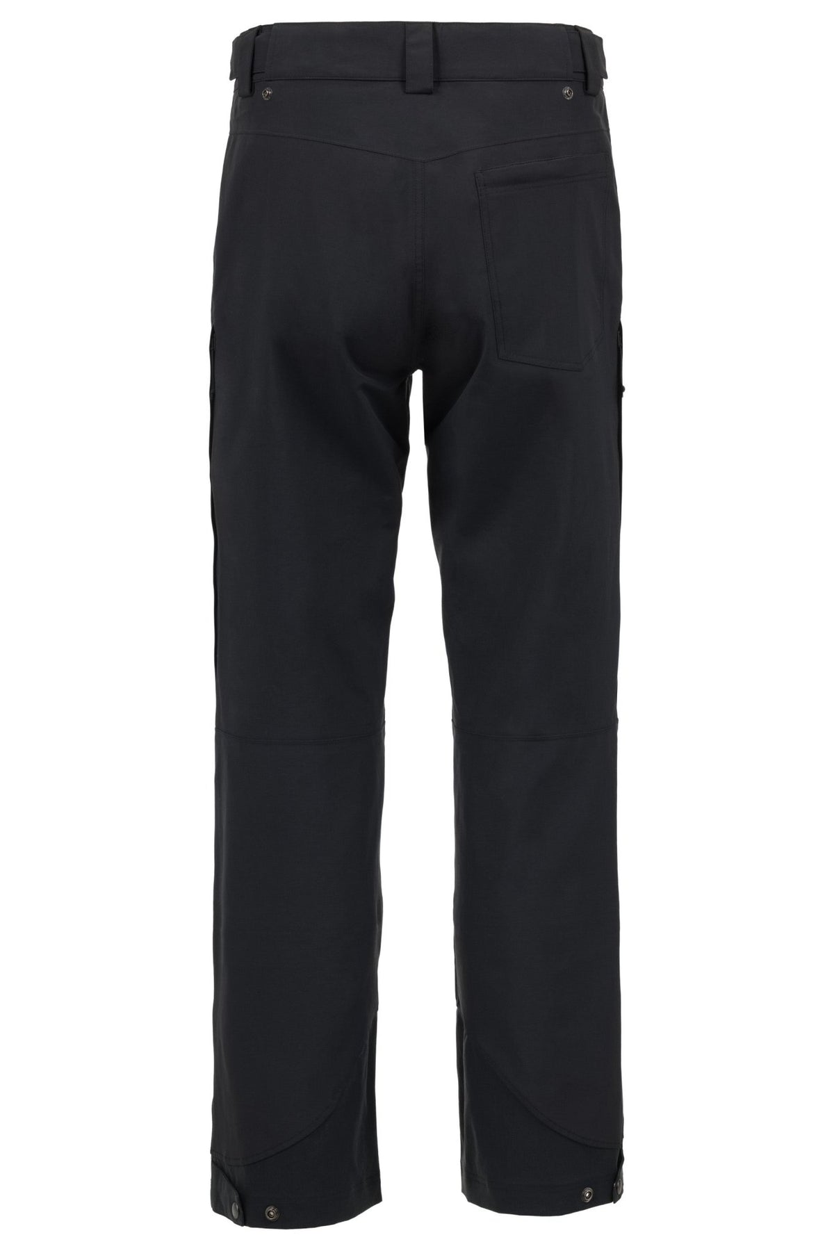 Flylow men's technical ski pant with back pocket, belt loops, and snap cuffs
