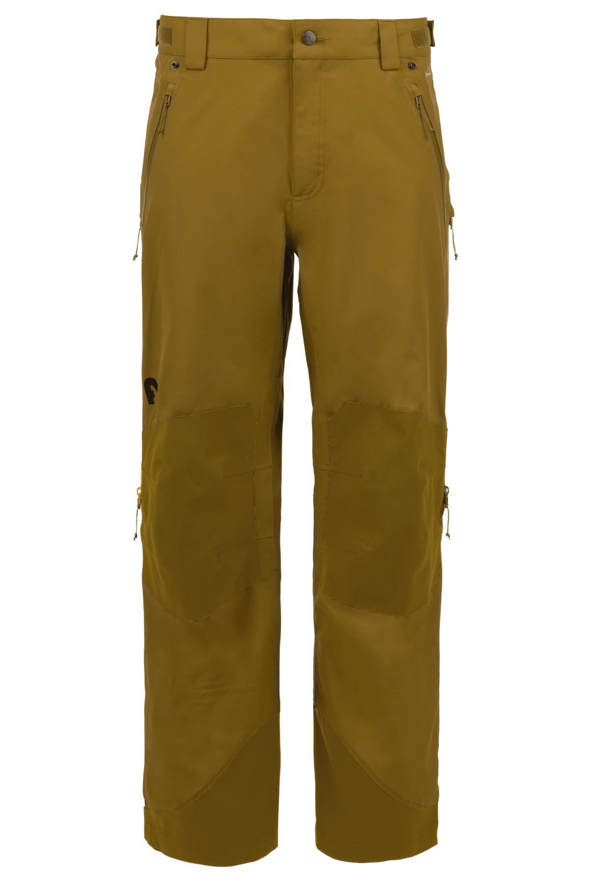Flylow men's ski pants with reinforced knee panels, zippered pockets, and adjustable waist