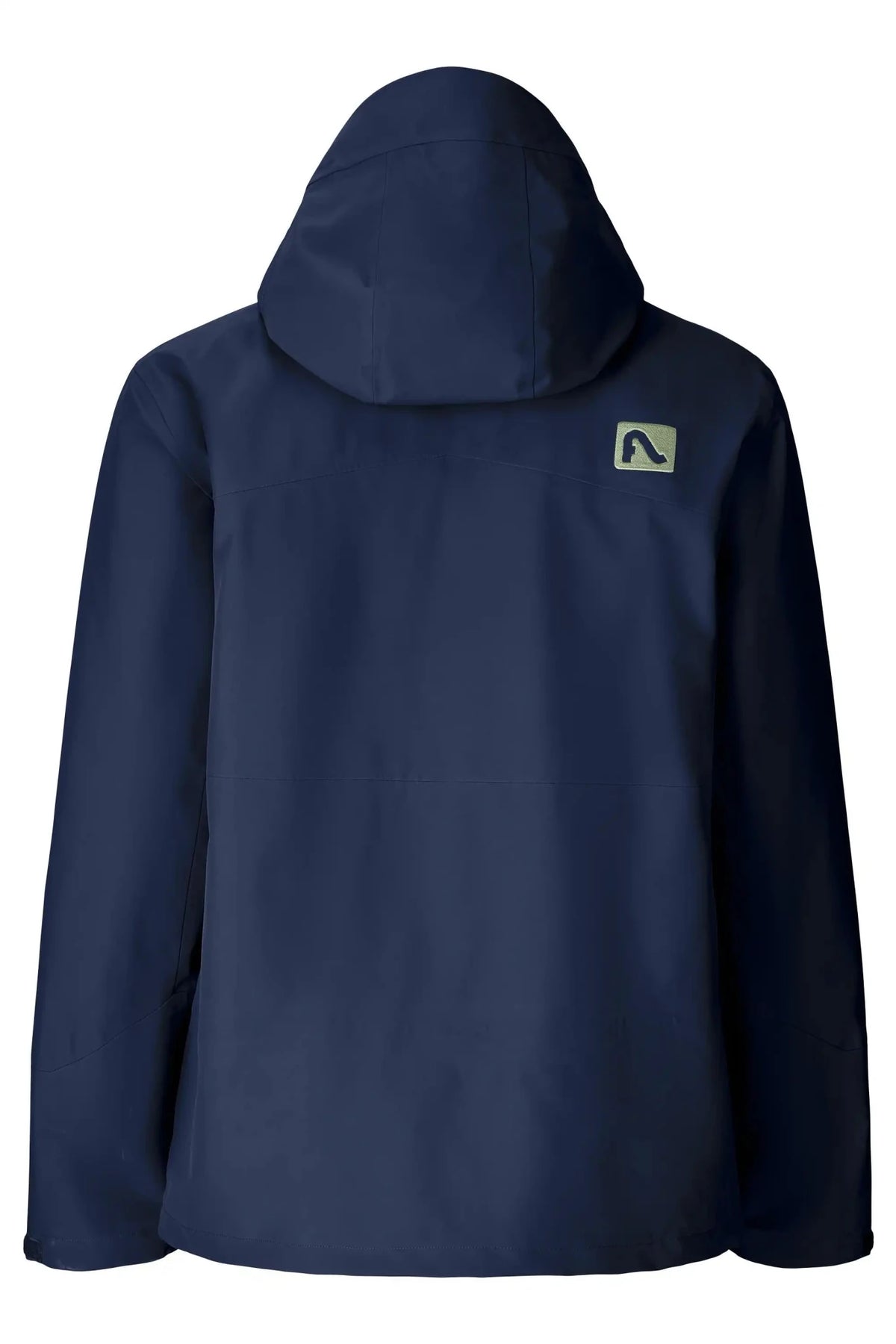 Flylow men's hooded hardshell jacket shown from the back with logo patch