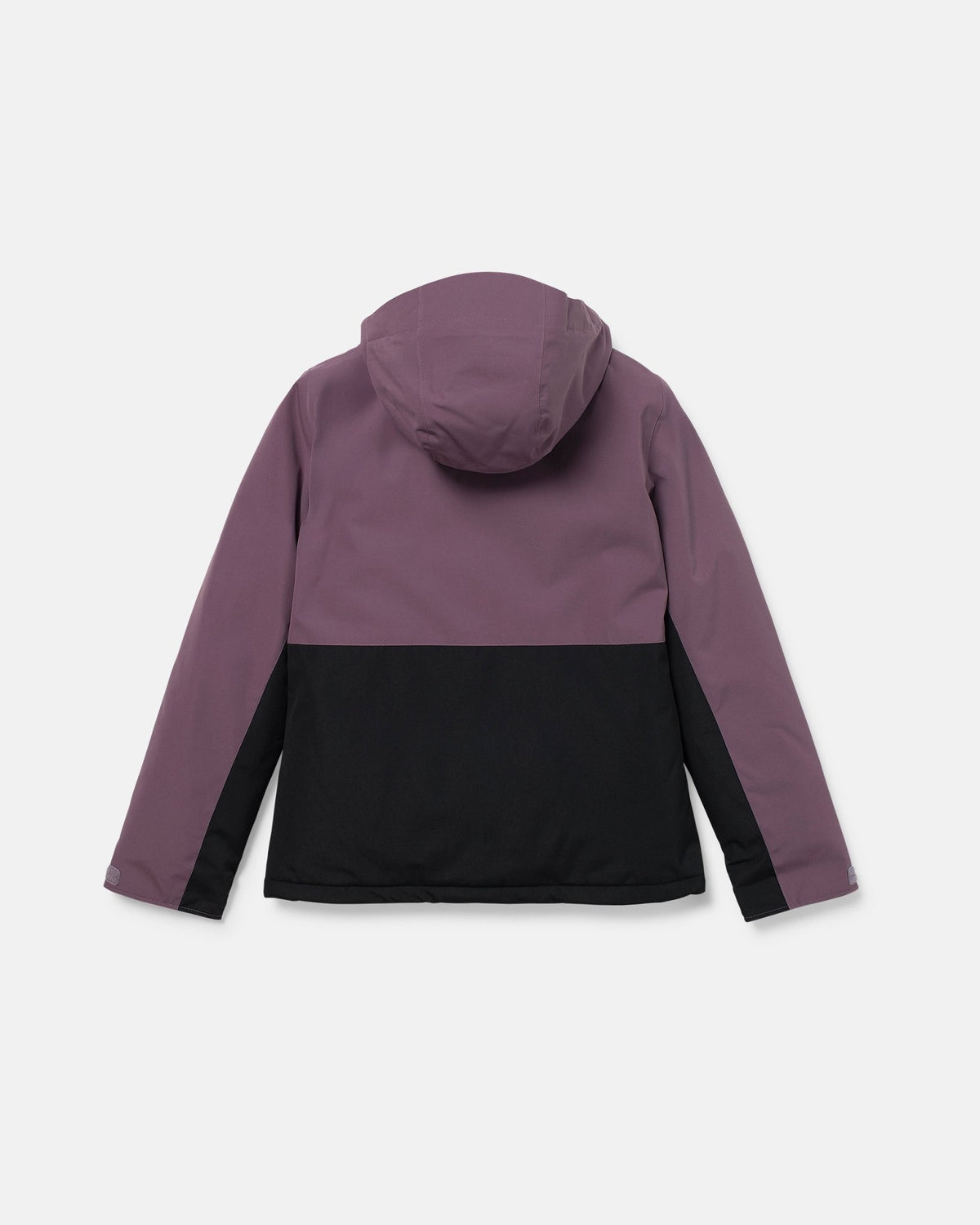 Women's two-tone insulated hooded jacket shown from the back on white background