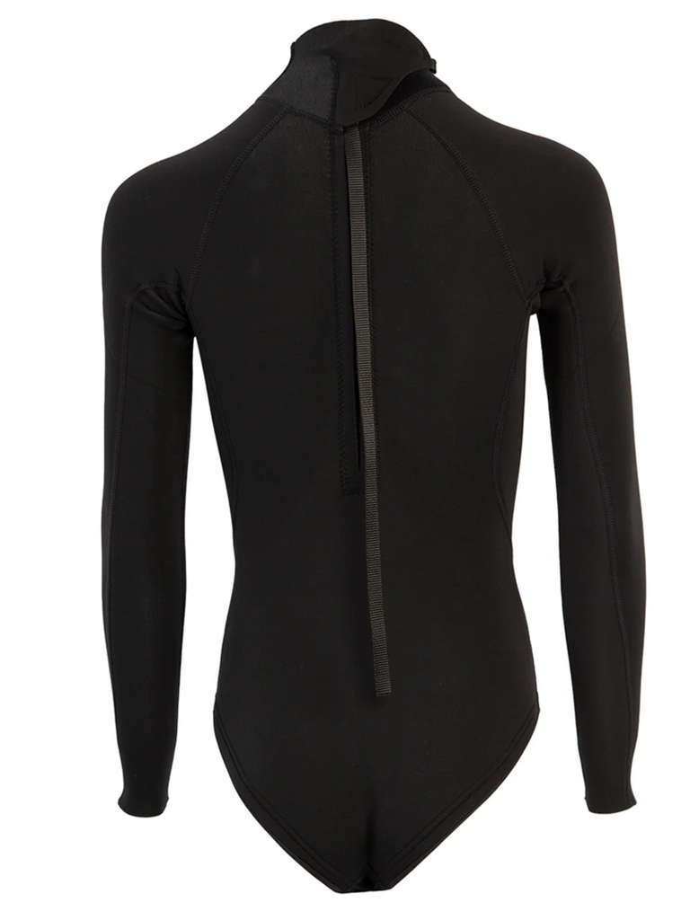 Black long-sleeve women's springsuit wetsuit with back zip and high cut bottom