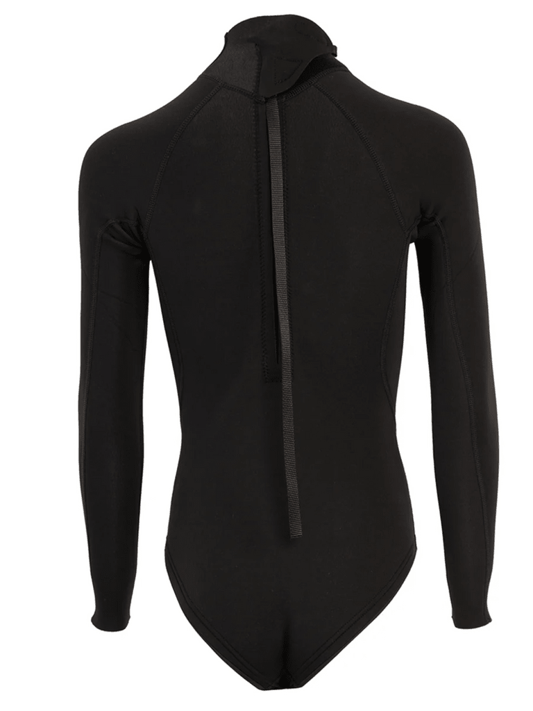Black long-sleeve women's springsuit wetsuit with back zip and high cut bottom
