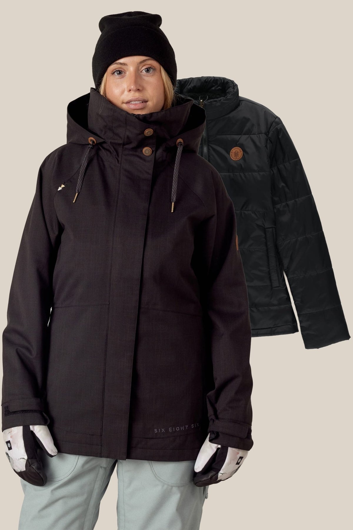 686 women's black 3-in-1 snowboard jacket with removable insulated liner and hood