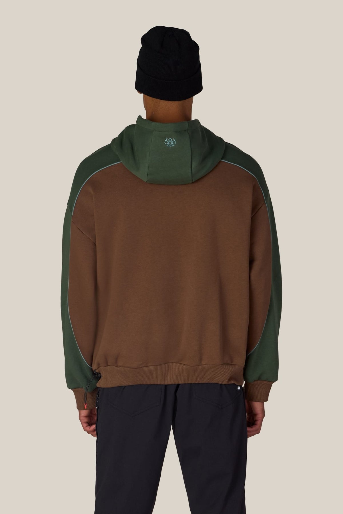 Men's heavyweight colorblock pullover hoodie with contrasting panels, rear view on model