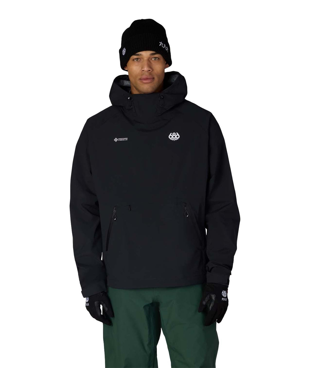 686 men's pullover hoody with hood, chest logo, and zippered hand pockets