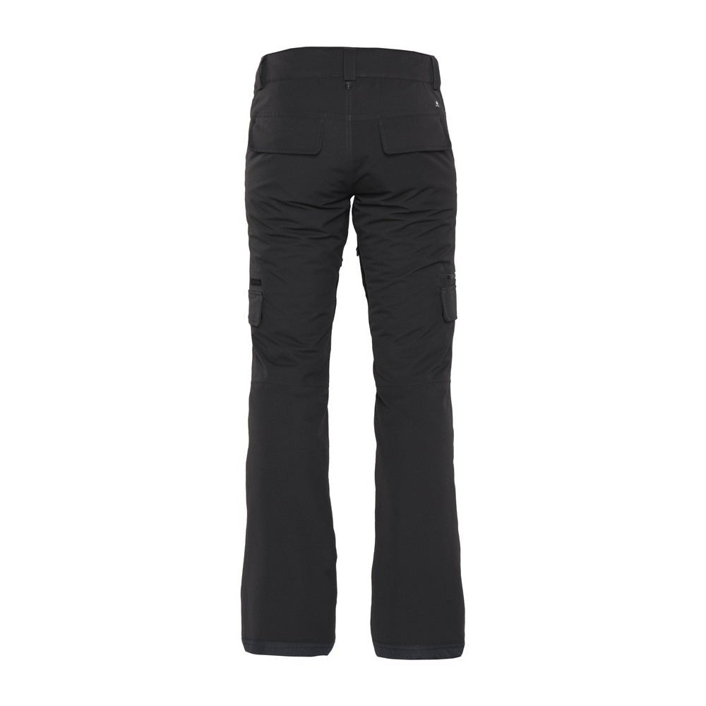 Women's insulated cargo snow pants with rear pockets and articulated knees, back view