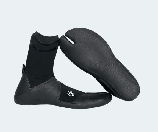 Black split-toe neoprene wetsuit boots with textured soles for surfing or watersports