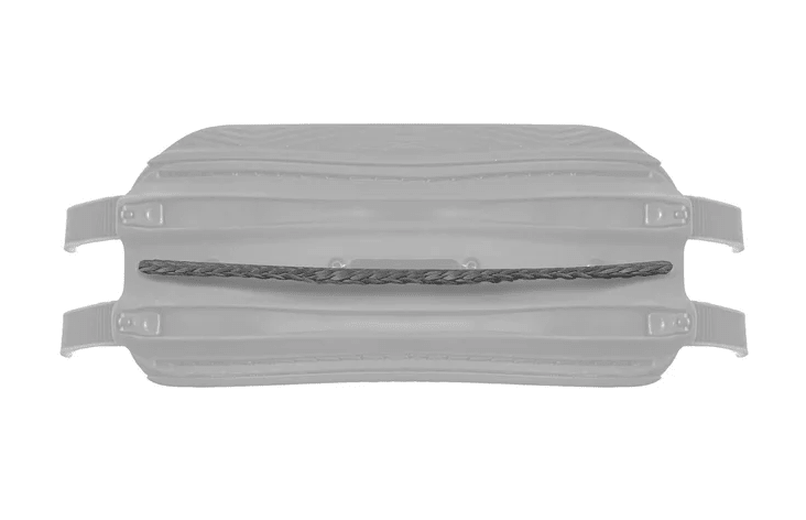 Gray plastic snow sled with side handles and a pull rope, winter outdoor gear