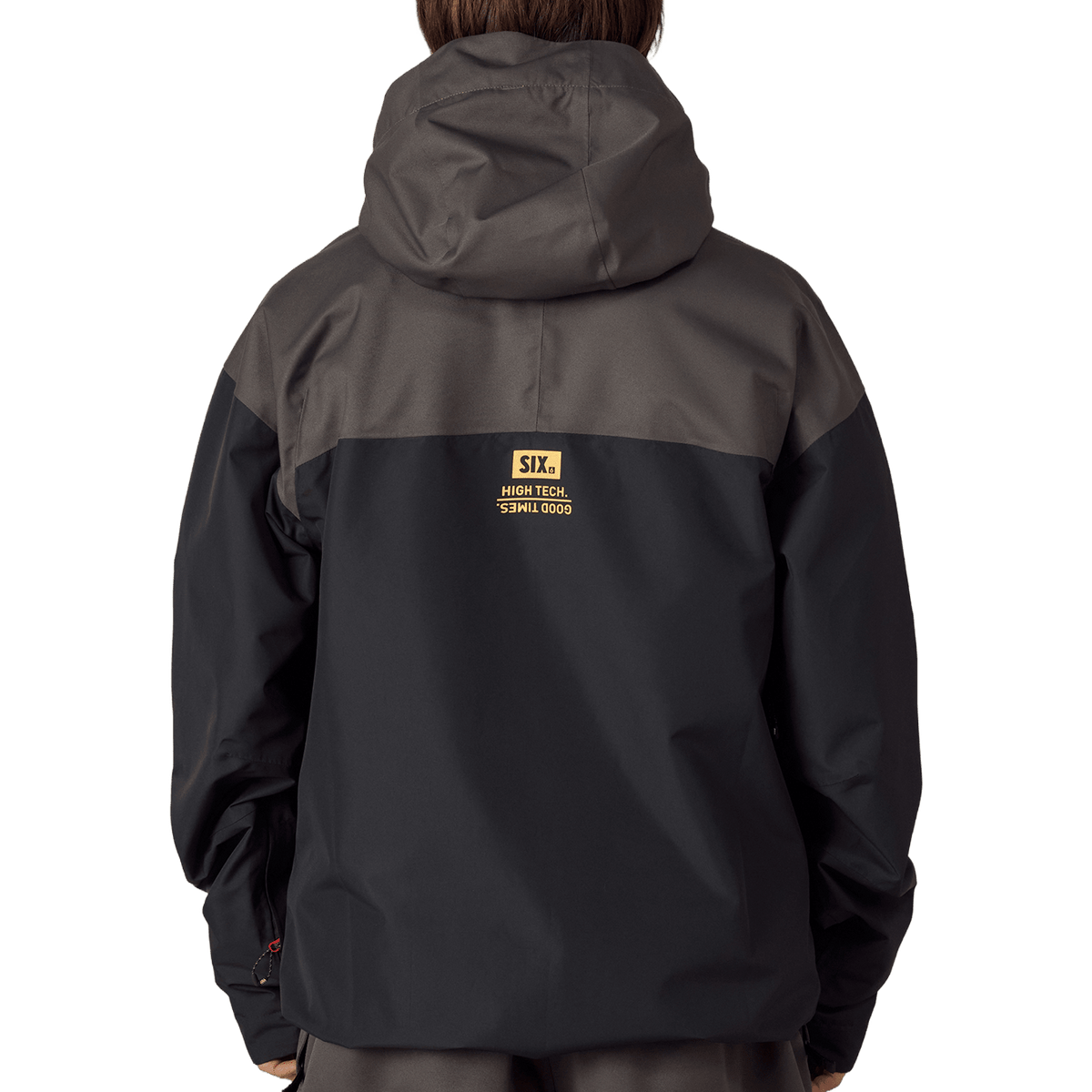 686 men's hooded ski jacket shown from back with two-tone colorblock design