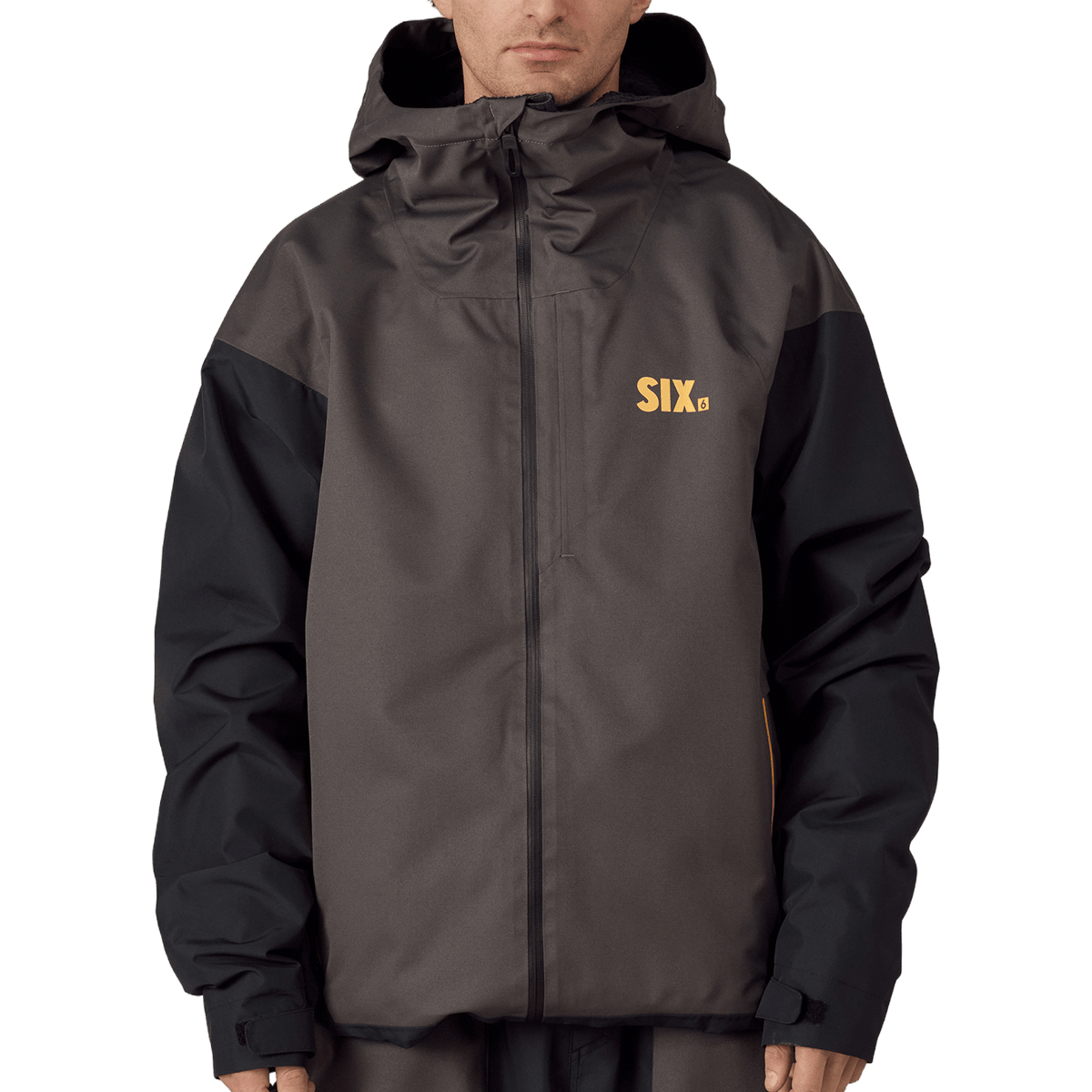 686 men's hooded snow jacket with two-tone colorblock design and front zip closure