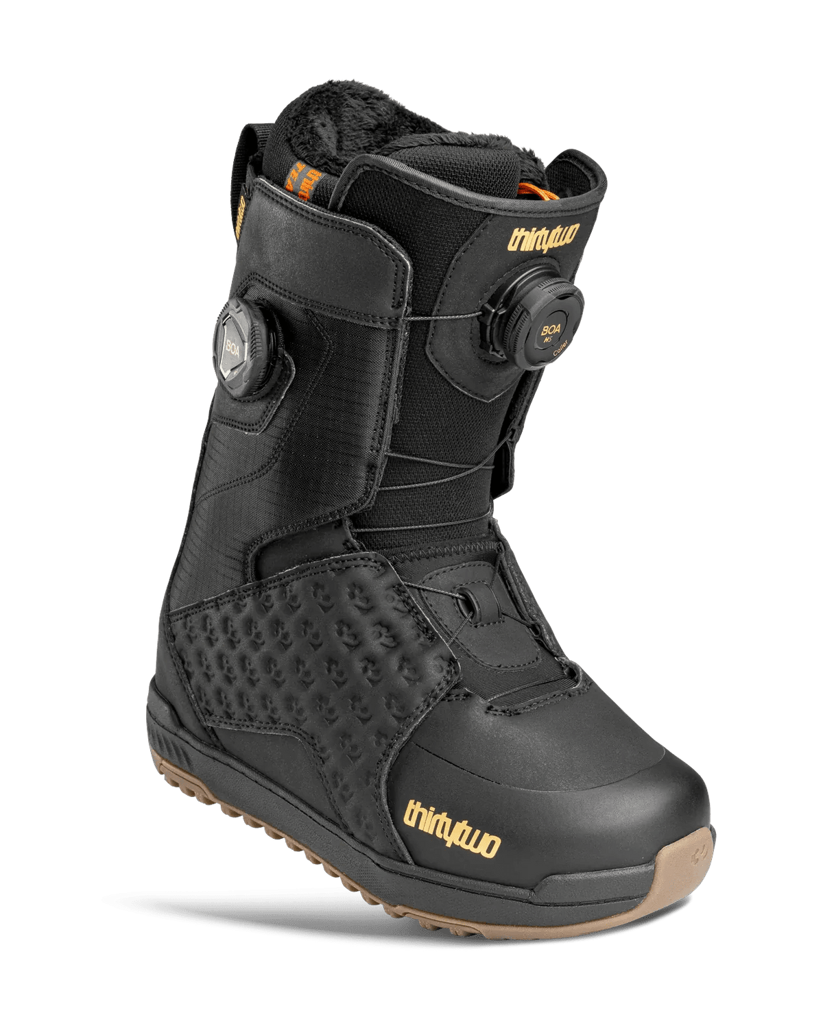 ThirtyTwo Lashed Double BOA women's snowboard boot in black with gold accents and gum sole