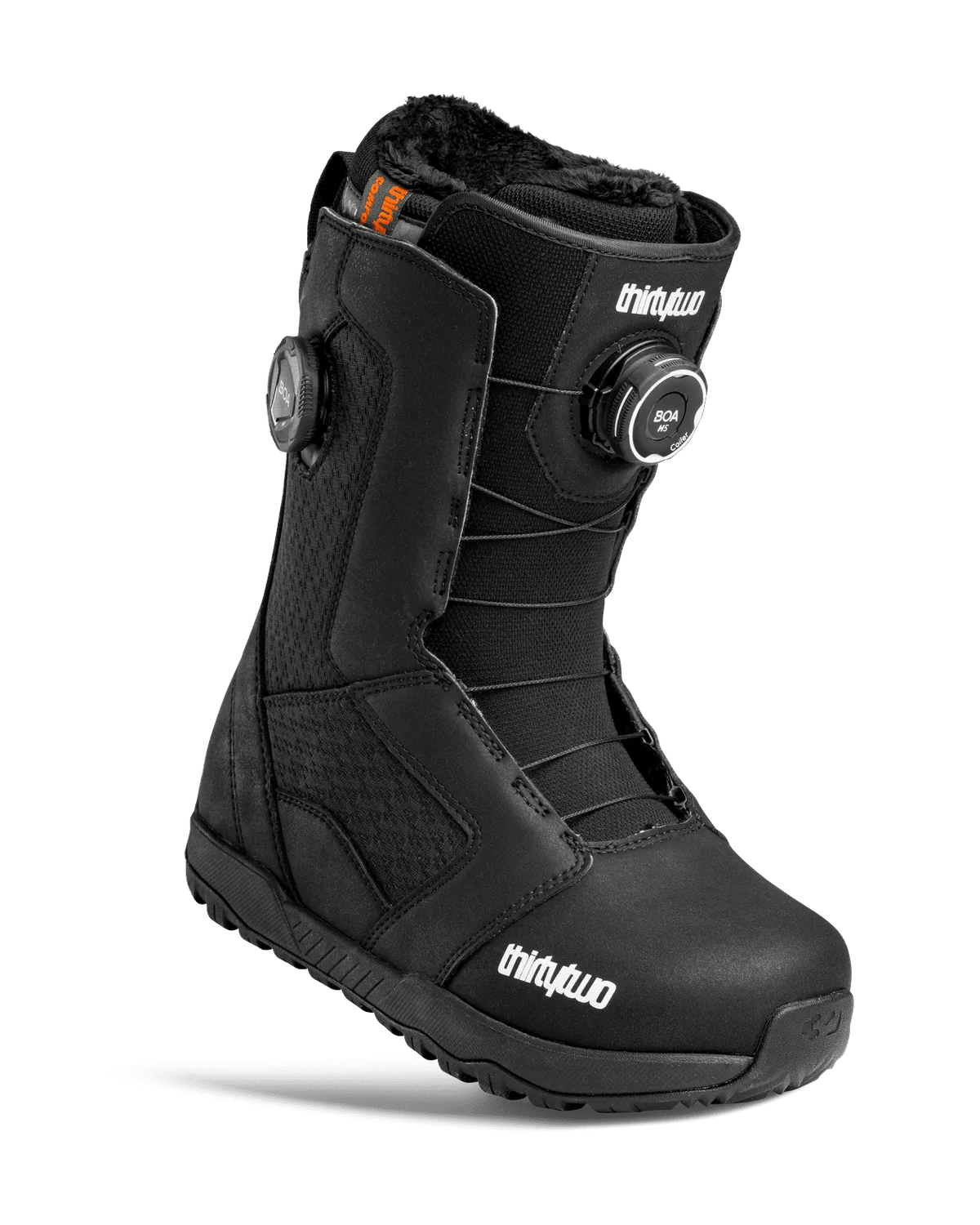 ThirtyTwo STW Double BOA women's black snowboard boot with dual BOA dials and faux fur lining