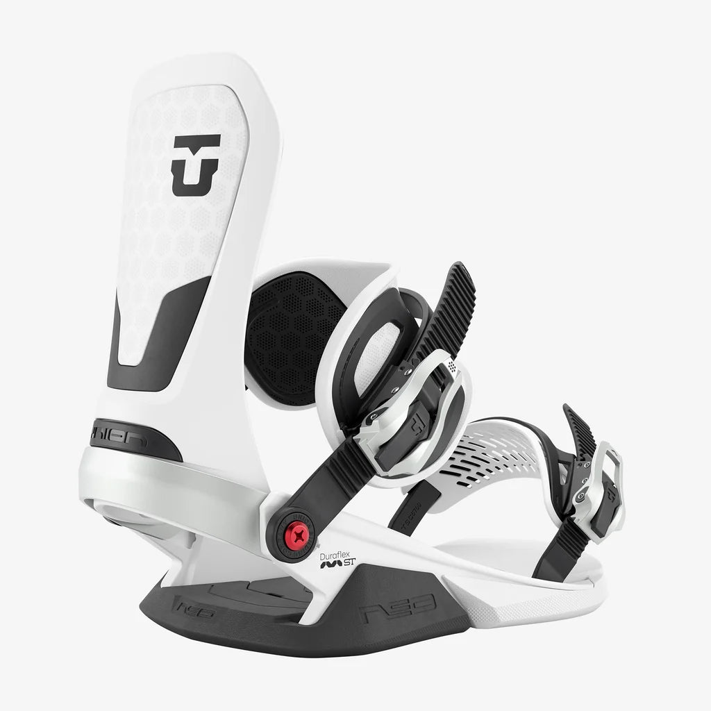 Union Neo snowboard binding in white and black with Duraflex ST baseplate