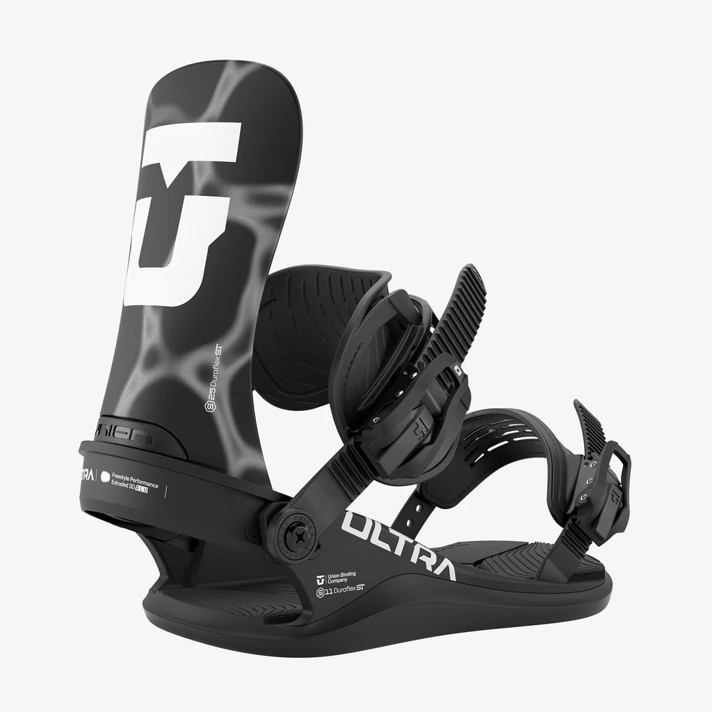 Union Ultra men's snowboard binding in black with white logo and dual straps