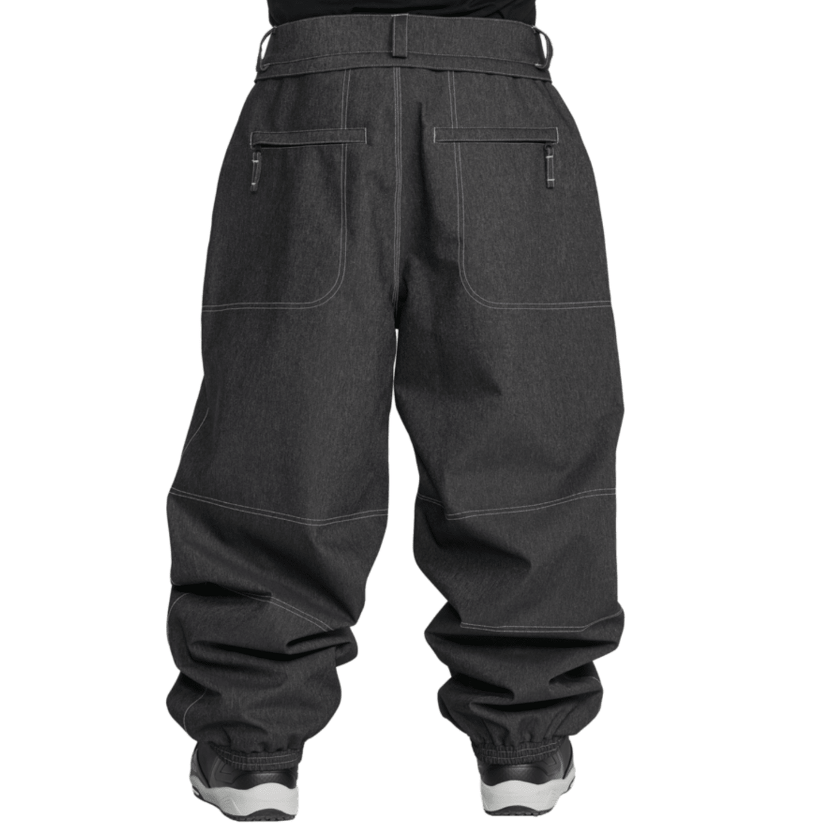 Volcom men's baggy snow pants with back pockets, belt loops, and elastic cuffs