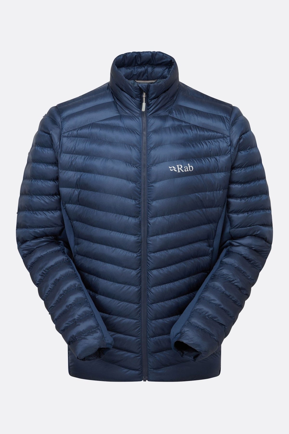 Rab men's navy blue quilted down insulated jacket with front zip and stand collar