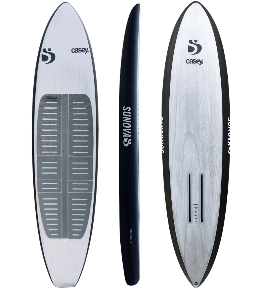 Sunova Casey Coaster Light foil board shown top, side, and bottom in black and white