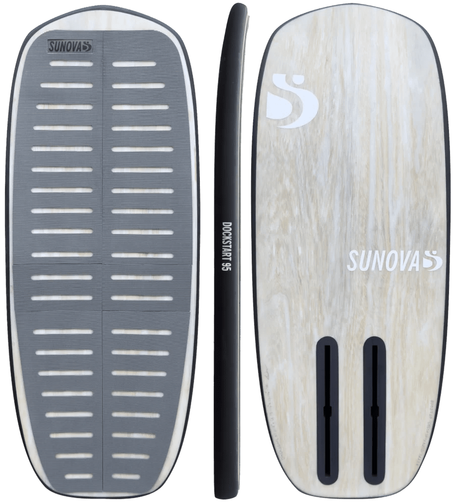 Sunova Dockstart 95 pump foil board shown top, side, and bottom views in black and cream