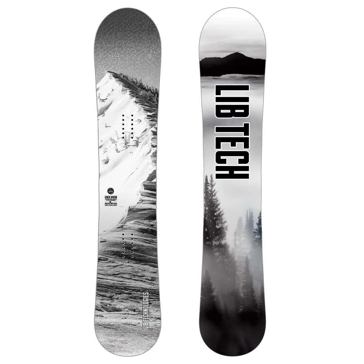 Lib Tech Cold Brew snowboard front and back views in black and white mountain graphic