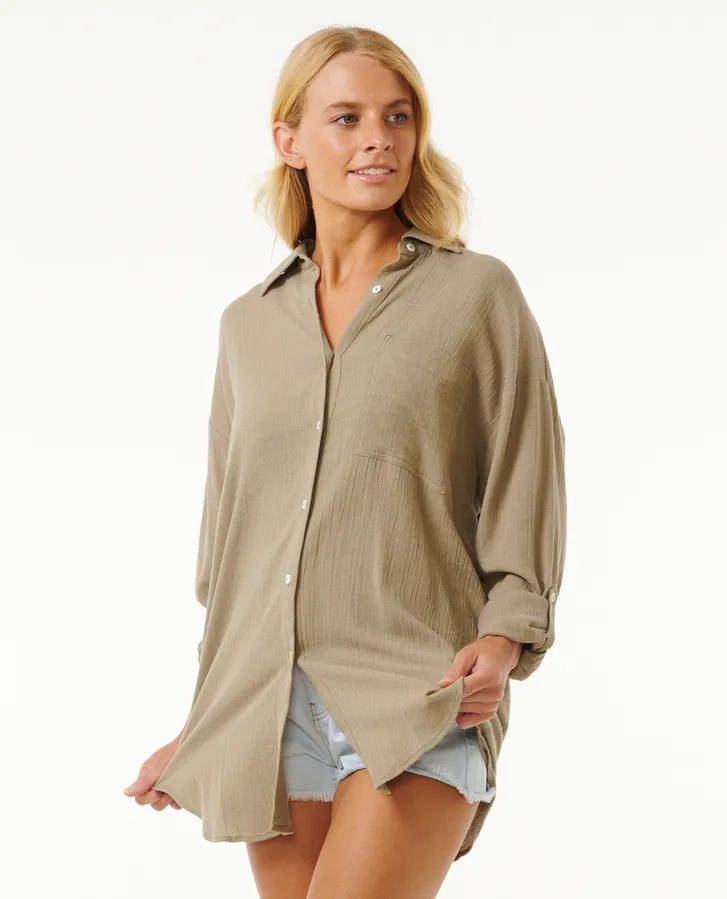 Rip Curl Premium Linen Long Sleeve Button Through Shirt - Olive